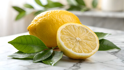 Fresh lemon and leaves on marble surface