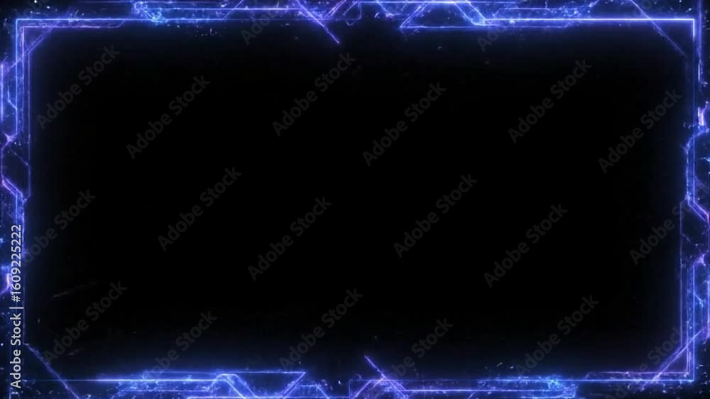 Poster a dark background with a blue rectangular border composed of thin luminous lines