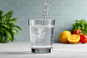 Sparkling water being poured into clear glass on kitchen counter with fresh fruits and herbs in background
