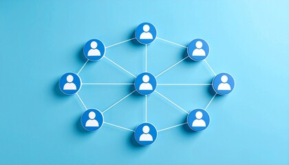 Simple data communication structure with people icons connected by lines on light blue background