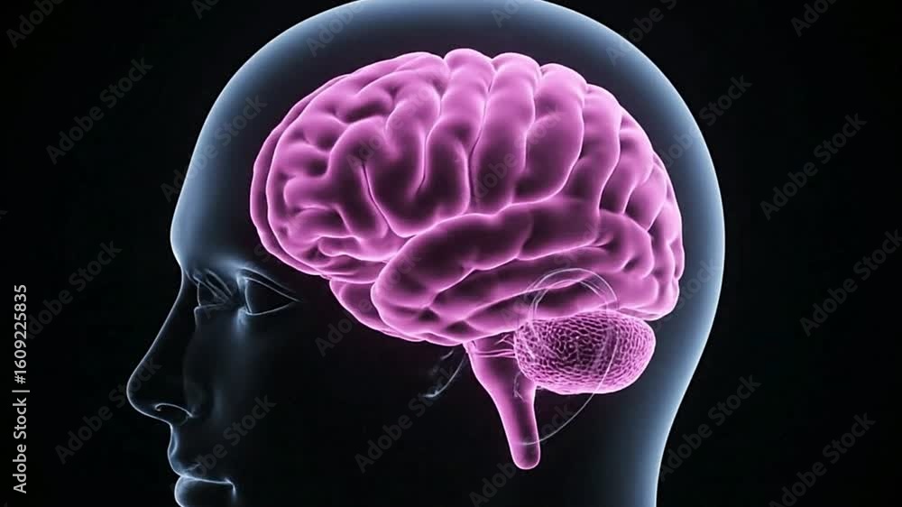 Poster a digital side view of a translucent head with a vibrant pink brain visible inside