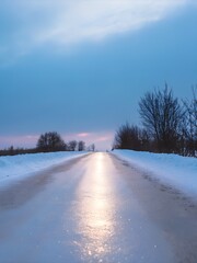 Fototapeta premium Frozen Winter Road at Sunset with Snowy Landscape