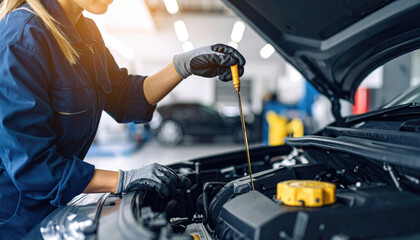 Female Mechanic Performing Oil Change in Car Service Garage