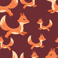 Obraz premium Seamless pattern with cute fox baby on color background. Funny forest animals. Card, postcards for kids. Flat vector illustration for fabric, textile, wallpaper, poster, paper.