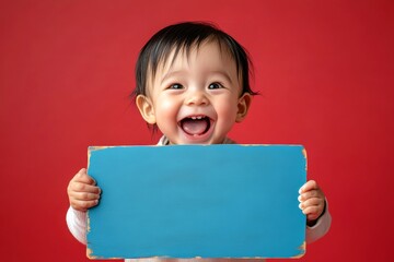 Smiling kid blank. Ð¡ute happy laughter toddler boy hold a layout - large blue lane sign. Cute face mockup. Isolated happy laughter boy with black hair on a red background. Kid pointing sign.