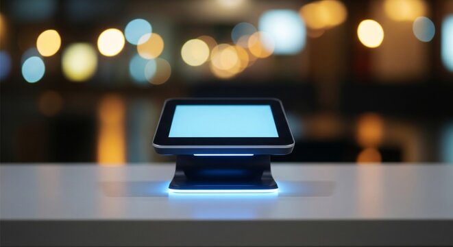 Modern POS device: illuminated screen, sleek design, blurred background