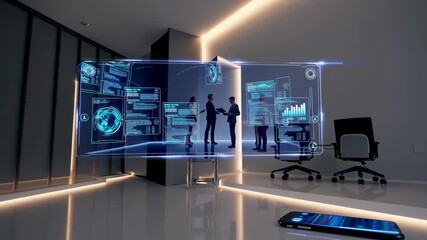 Futuristic office environment features a holographic interface displaying global data and business analytics, while businessmen finalize a deal with a handshake - Powered by Adobe