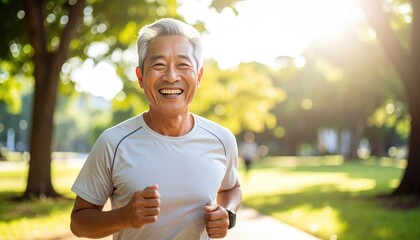 Happy Senior Man Jogging in Park During Sunny Day with Greenery