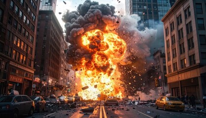 Massive Explosion in Urban Setting with Debris and Fire Effects
