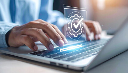 Hands Using Laptop with Digital Checkmark and Gear Icon for Review