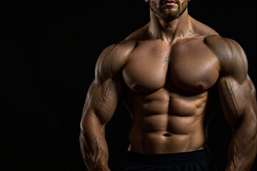 Fototapeta premium Muscular man displaying defined physique against dark backdrop.