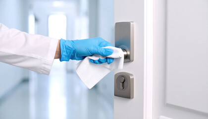 Hand in Blue Glove Cleaning Door Handle with Disinfecting Wipe