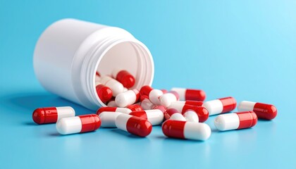 Red and White Capsules Spilling Out of a Container on Blue Background