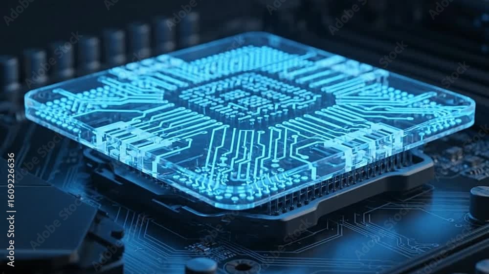 Poster a glowing blue microchip sits on a circuit board with electric current arcing across it