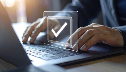 Hands Typing on Laptop with Digital Checkmark Symbol Concept