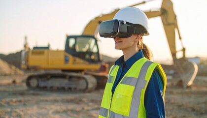 Woman Wearing VR Headset on Construction Site With Machinery