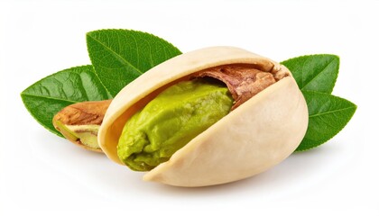 Fresh Green Pistachio Nuts with Leaves Isolated on White Background