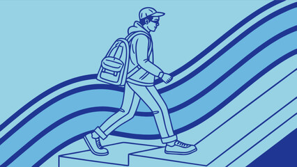 Illustration of a person with a backpack walking up stairs with wavy lines in the background design