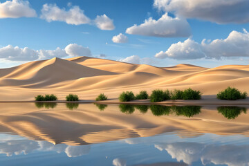 Desert dunes with reflection and soft clouds
