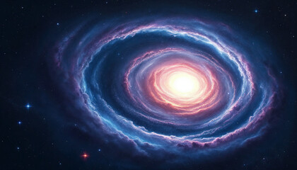 Obraz premium Digital painting of a spiral galaxy with pink-purple clouds on a starry dark blue backdrop. 