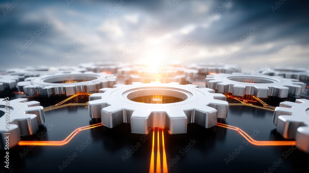 Poster mechanized harmony: a mesmerizing close-up showcases interconnected gears, forming a network of prec