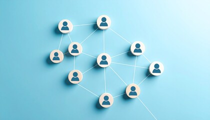 Obraz premium Simple data communication structure with people icons connected by lines on light blue background