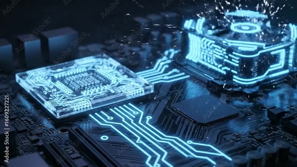 Poster a glowing computer chip rests on a circuit board with bright blue lines