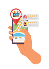 Holding a smartphone with searching for locations and customer reviews.