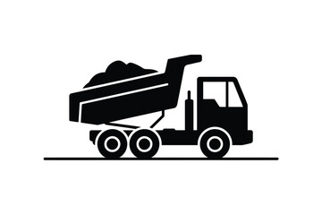Black silhouette of a dump truck loaded with dirt