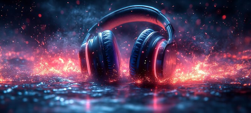 Epic audio headphones concept illustrated with fiery particles and cosmic neon lights. A powerful sound technology background.