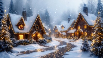 Snow-covered village street at night, lit with warm lights