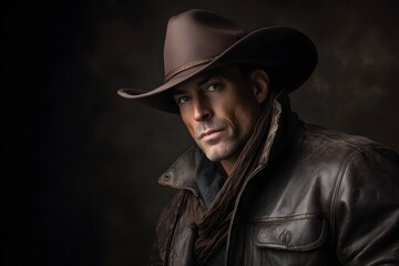 Casual cowboy shot with hat and jacket, showing rugged cool in a simple dark setting.