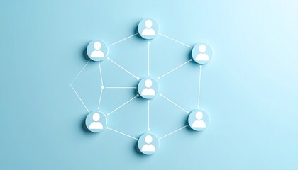 Simple data communication structure with people icons connected by lines on light blue background