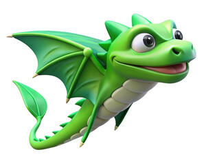 Obraz premium Cheerful green cartoon dragon flying with leaf tail against backdrop perfect for childrens illustrations and fantasy projects