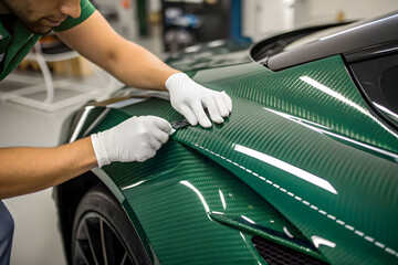 Glossy green car wrap being applied with gloves