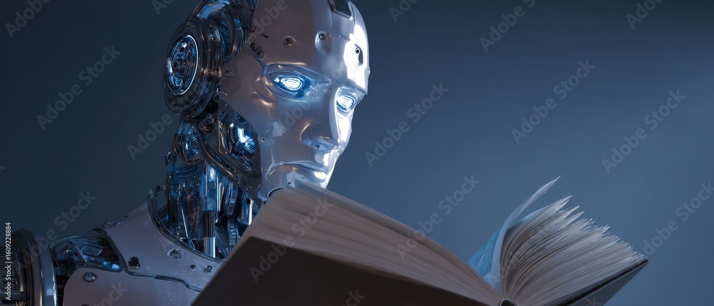 Poster the robot engaged in reading a book on technological exploration and knowledge