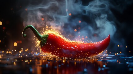A fiery red pepper that gives off tiny sparks and warm steam.