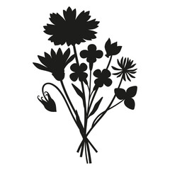 Wildflowers silhouette bouquet. Hand-drawn cosmea, clover, cyclamen, meadow flowers, herbs, and wild plants. Botanical elements for design projects. Minimal style, vector illustration