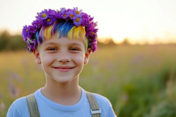 Happy warm season holidays picture idea art. Happy caucasian child boy with multi-color hair wearing purple flower circlet on his head. Soft daylight. Gentle summer breeze on a boyâ€™s face.
