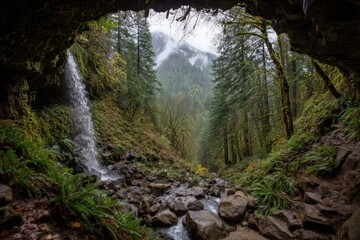 Forest Waterfall View From Hidden Cave Entrance