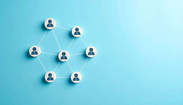 Simple data communication structure with people icons connected by lines on light blue background