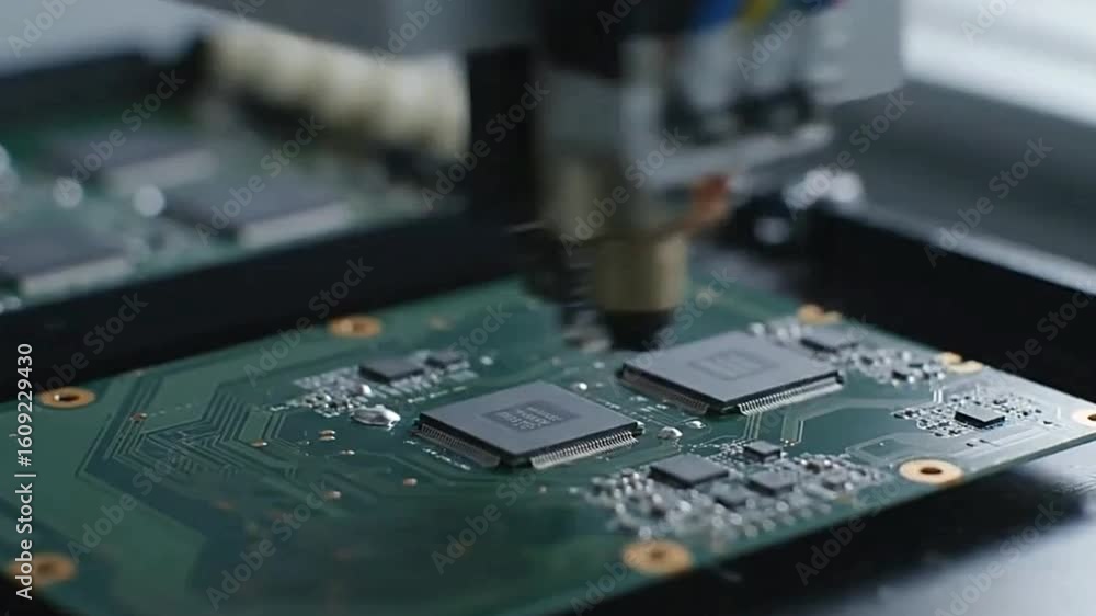 Aufkleber a machine welds components onto a circuit board in a factory setting