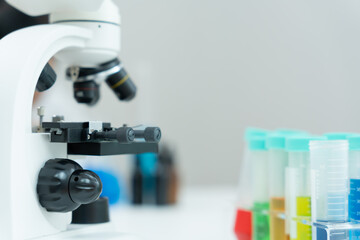 Scientist analyze biochemical samples in advanced scientific laboratory. Medical professional use microscope look microbiological developmental of viral. Biotechnology research in science lab.