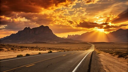 A breathtaking desert highway stretches toward the horizon under a vibrant sunset sky, inviting an open road journey through a stunning natural landscape