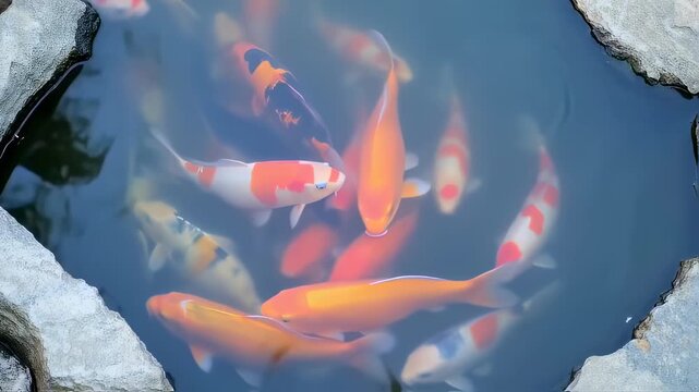 Captivating koi pond scenery: Close-up view of colorful fish gracefully swimming in water