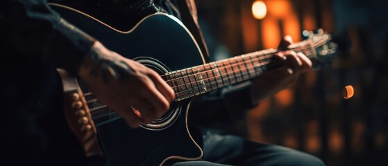 The musician playing an acoustic guitar in a dimly lit environment.