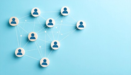 Simple data communication structure with people icons connected by lines on light blue background