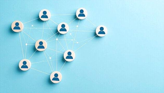 Simple data communication structure with people icons connected by lines on light blue background