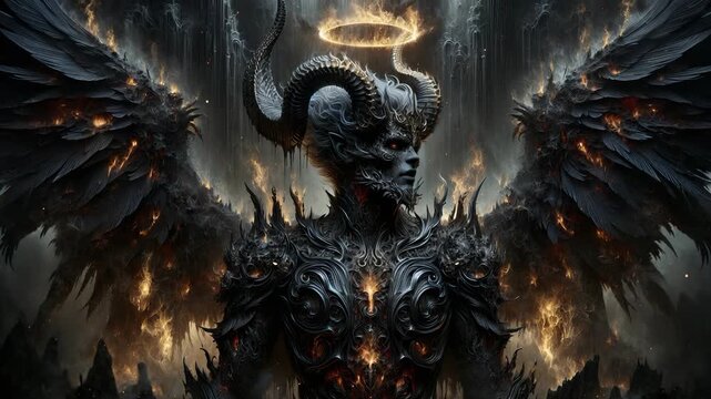 Majestic Fallen Angel with Burning Black Wings and a Fiery Halo in an Apocalyptic Realm