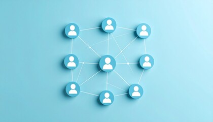 Simple data communication structure with people icons connected by lines on light blue background